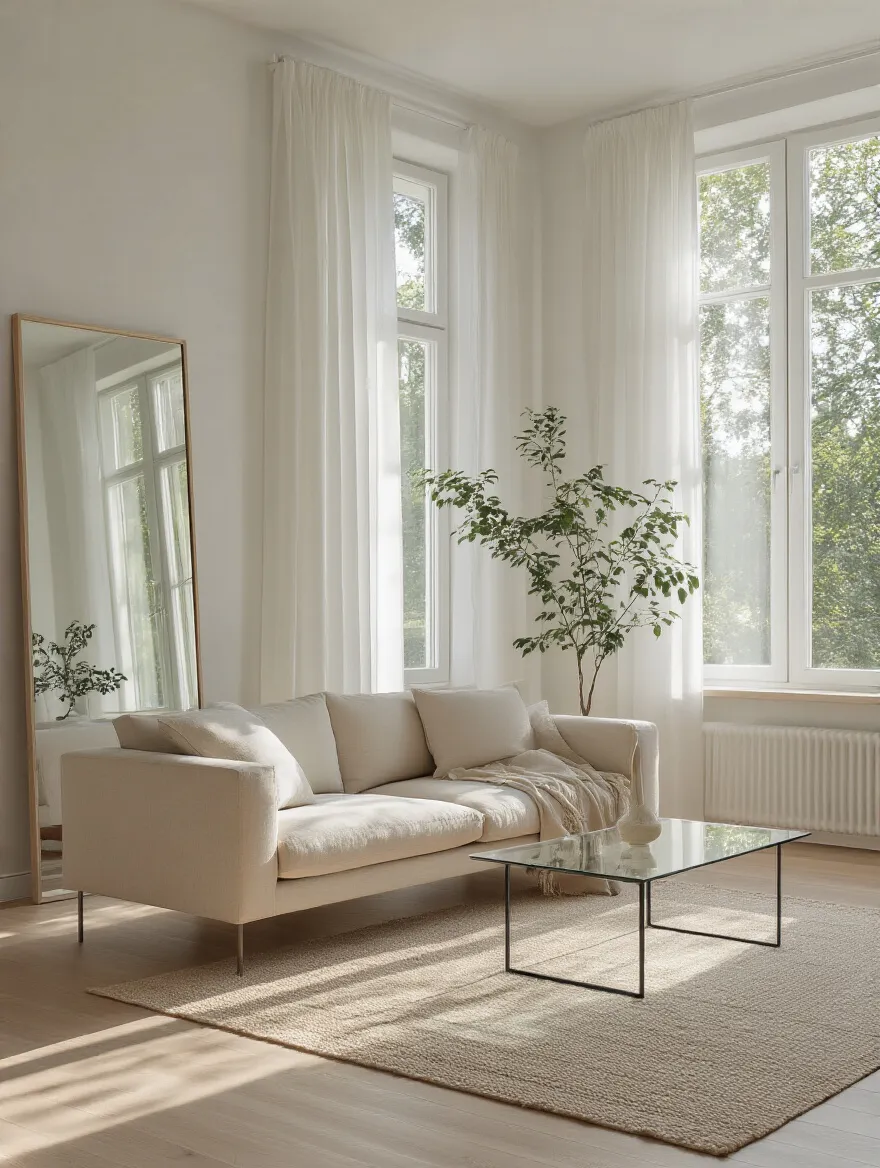 Vertical shot of a bright, minimal living room with large windows and a reflective mirror.