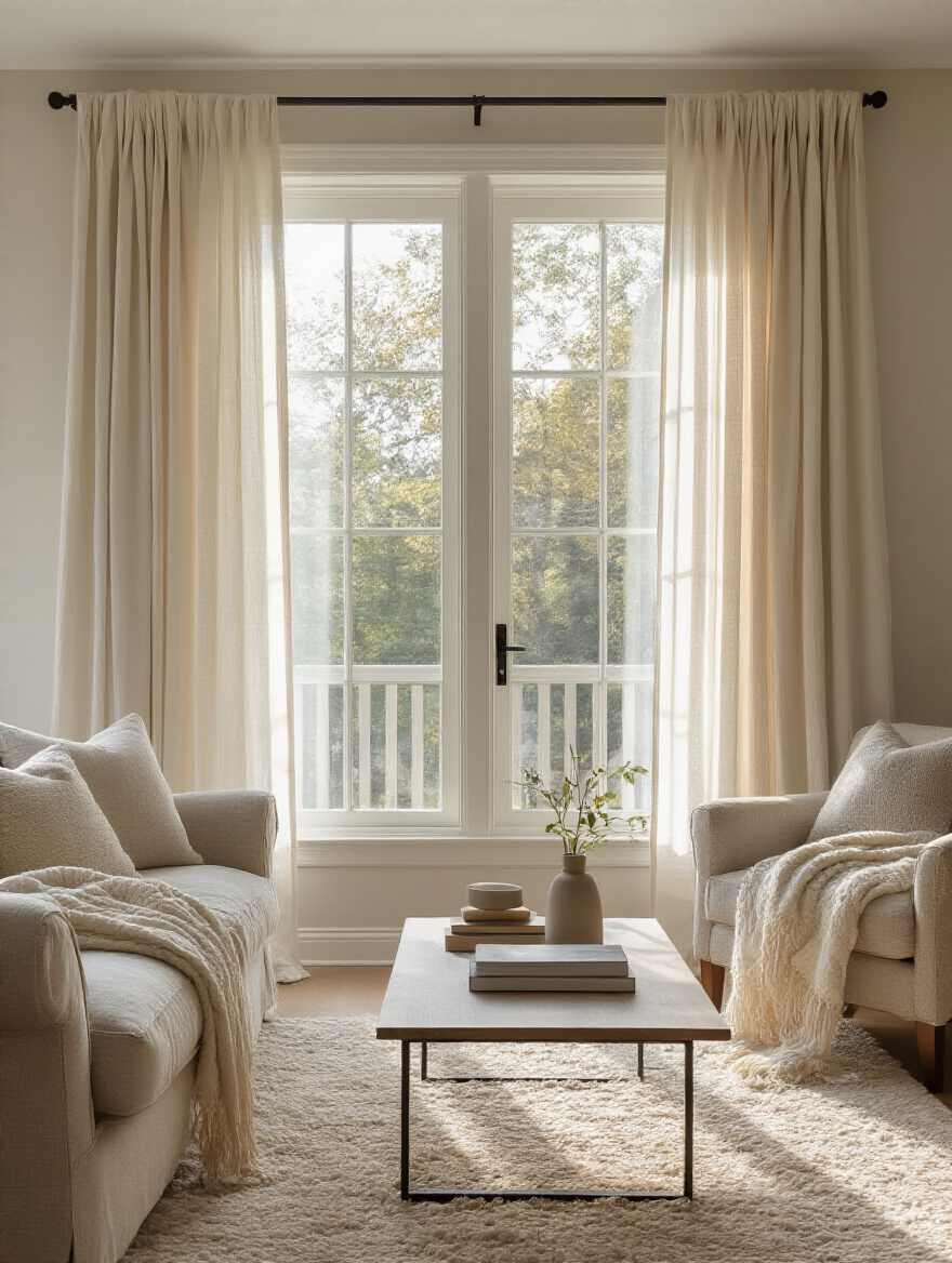 Cozy living room with high, wide, layered drapery and daylight pouring through a large window wall