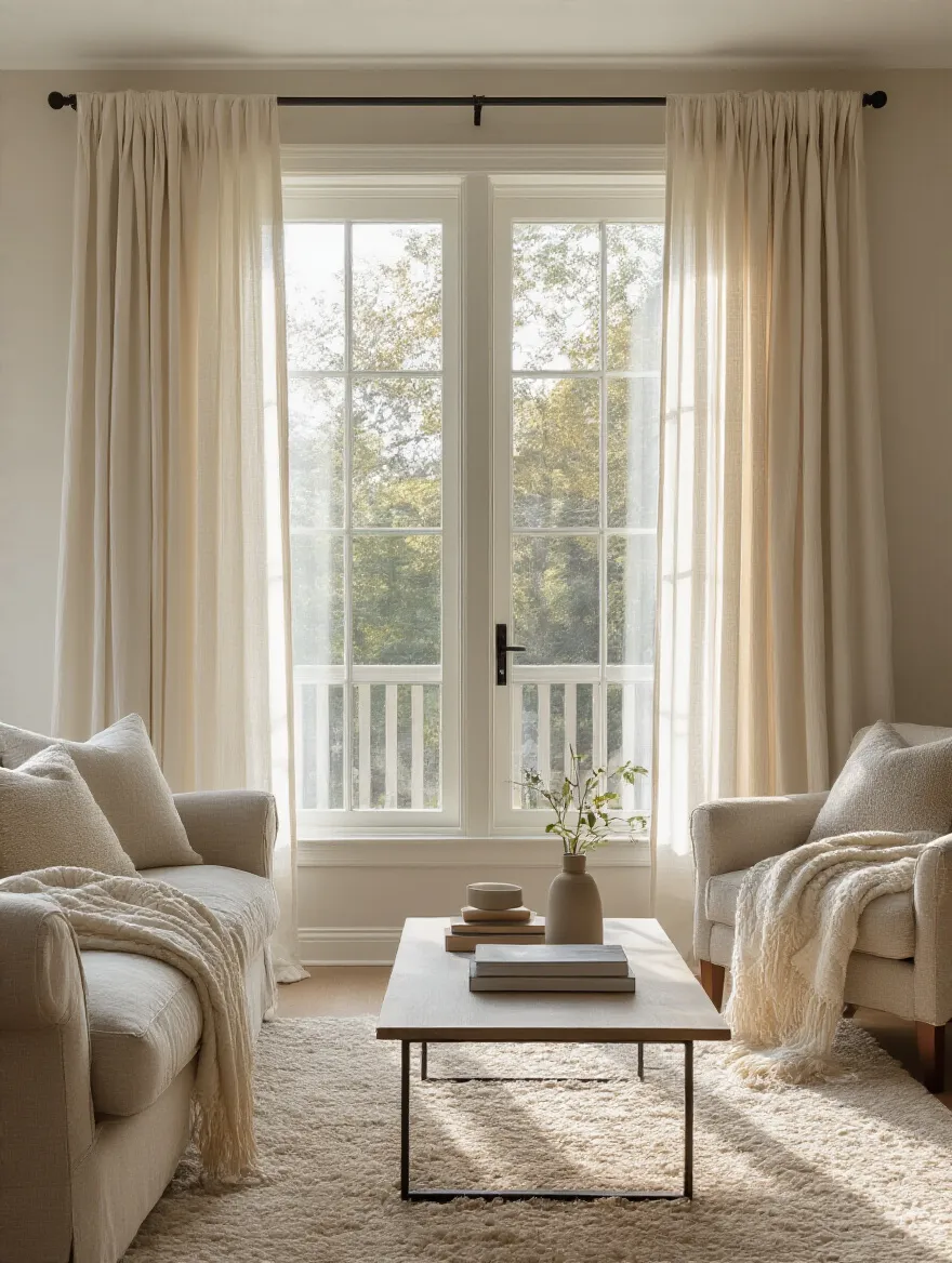 Cozy living room with high, wide, layered drapery and daylight pouring through a large window wall