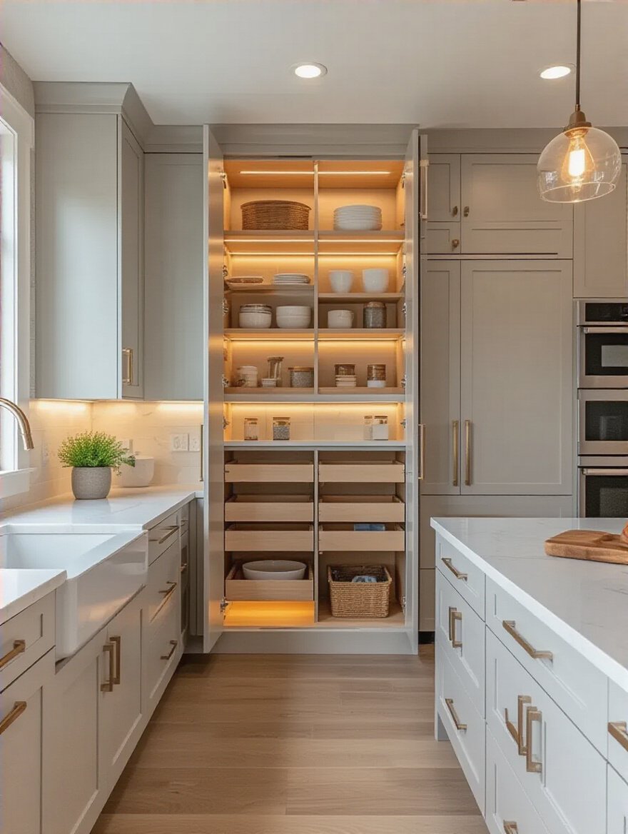 Modern kitchen with smart tall cabinets maximizing vertical storage using pull-out shelves and LED lighting