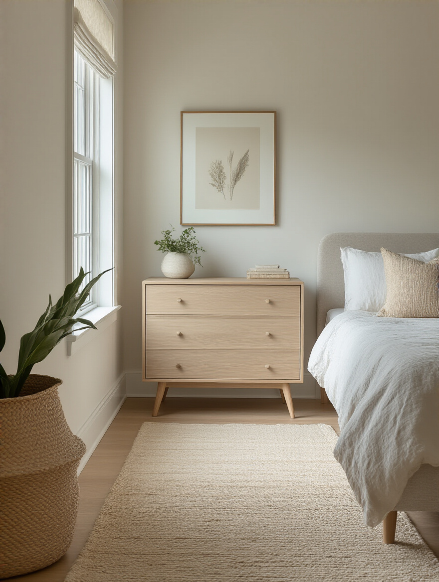 Small bedroom with slim profile furniture and ample walkway clearance