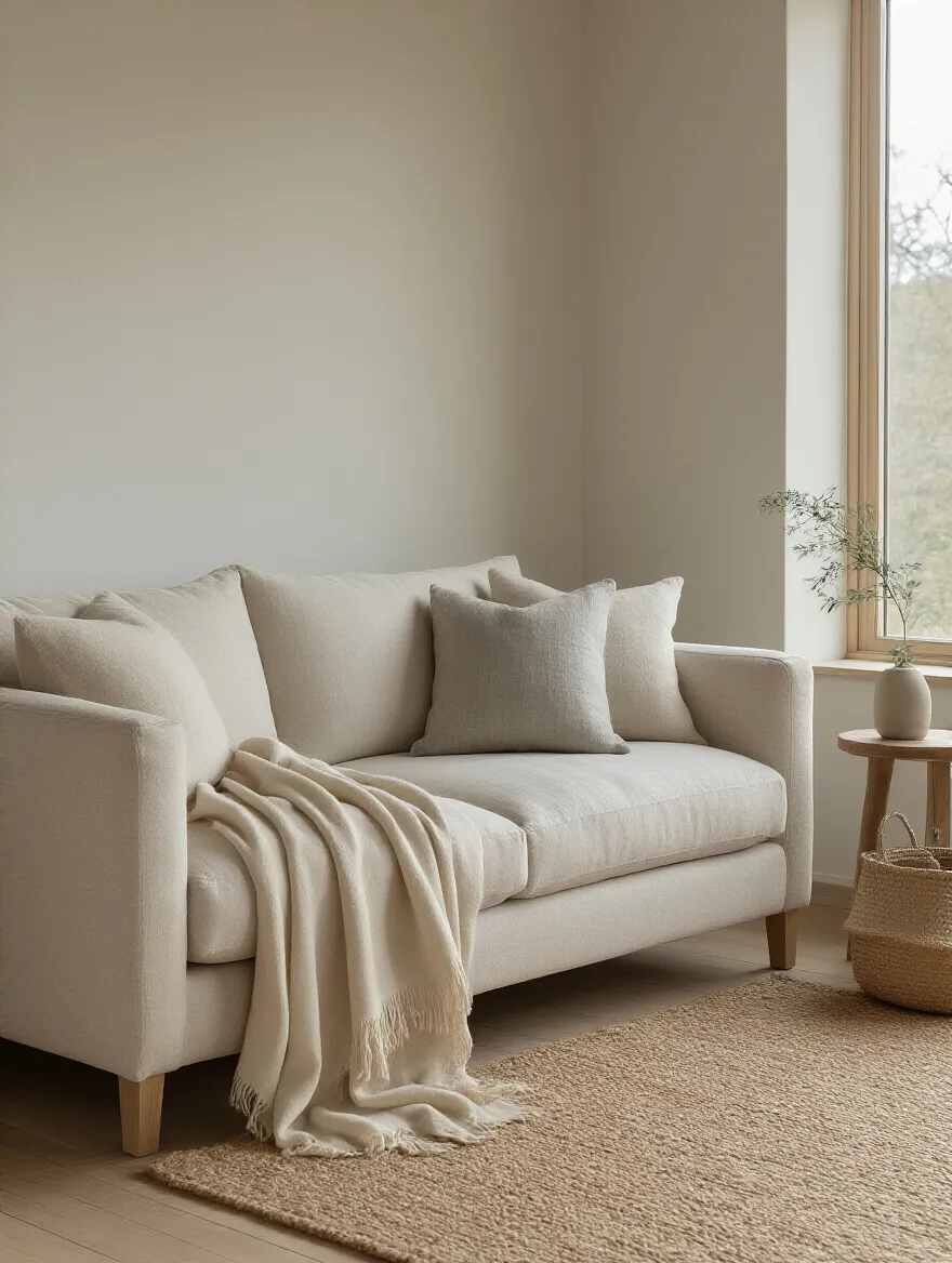 Minimalist living room with a neutral sofa, a chunky wool throw, and linen pillows in taupe and gray.