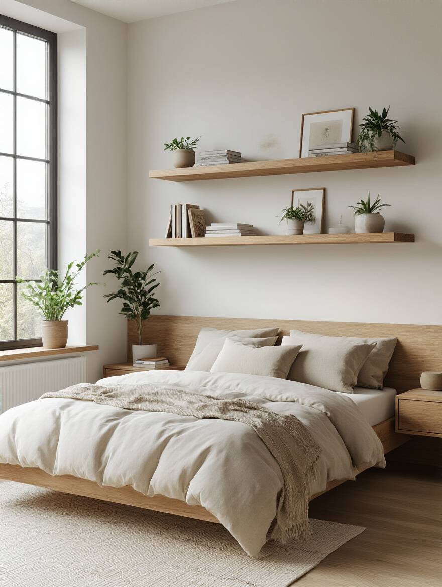 Modern apartment bedroom with floating wall shelves mounted above bed to maximize space and style