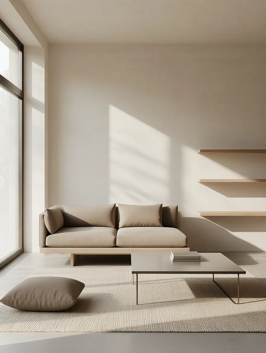Minimalist living room with clean lines and simple silhouettes, neutral tones, airy space, natural light