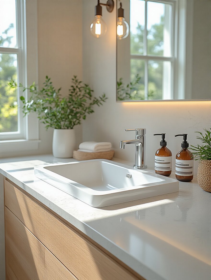 Modern bathroom vanity with low-maintenance quartz countertop and integrated sink showcasing effortless daily cleaning