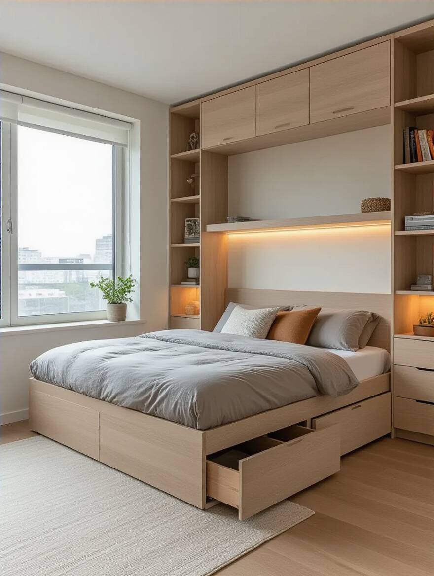 Modern apartment bedroom with multi-functional bed featuring storage drawers and shelving, well-lit and minimalistic design