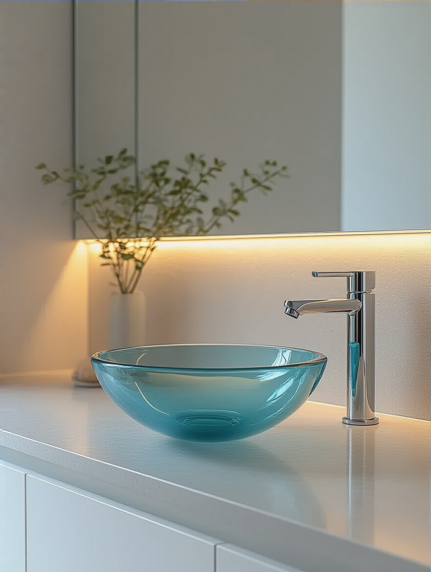 Translucent aqua blue glass vessel sink on a light grey quartz floating vanity with chrome wall-mounted faucet and soft underlighting