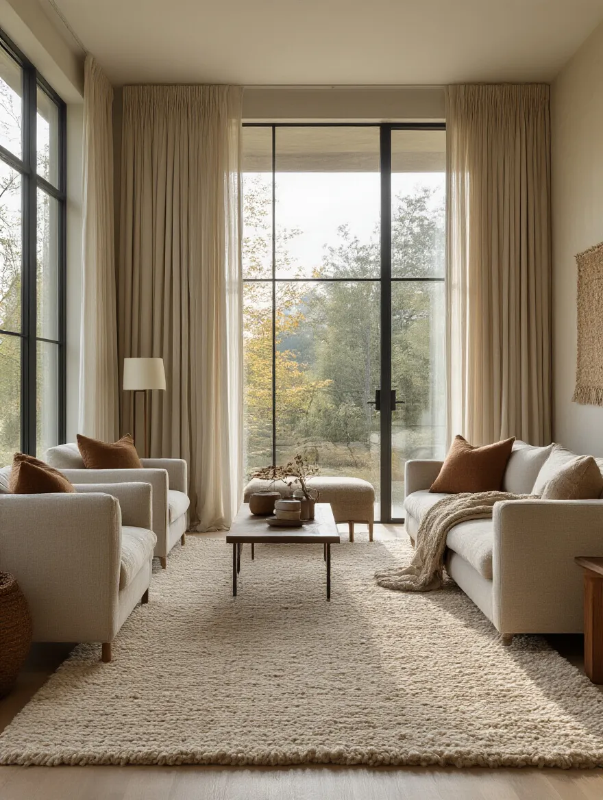 Portrait living room showing thick rug, layered textiles, and heavy drapes for sound absorption.