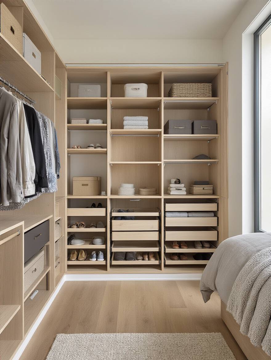Organized apartment bedroom closet with smart storage inserts maximizing space