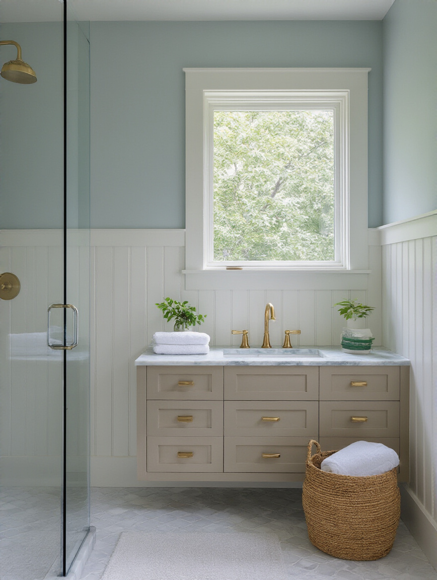Compact bathroom with upper walls painted pale light blue, white wainscoting, marble vanity, and glass shower creating a bright, airy feel