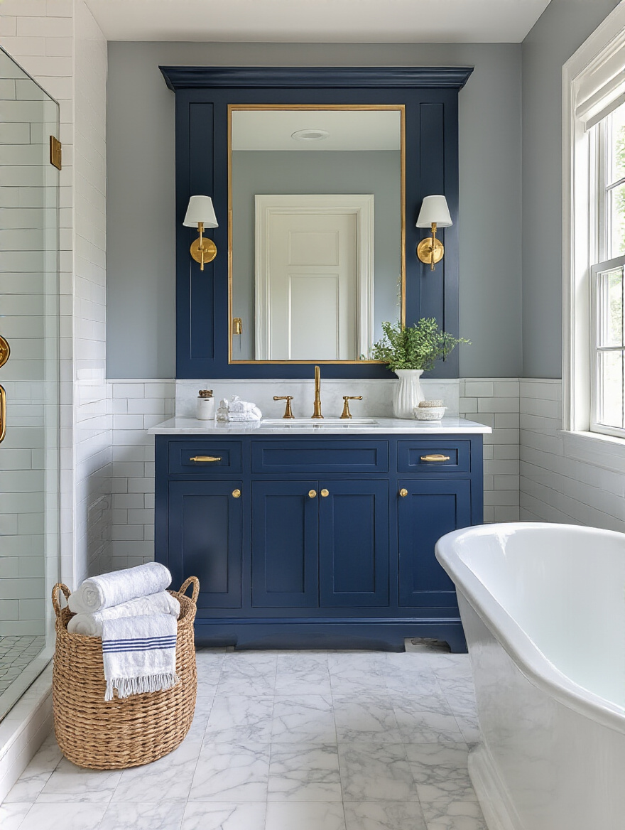 Elegant bathroom with deep navy vanity, white marble countertop, white tiles and brass accents