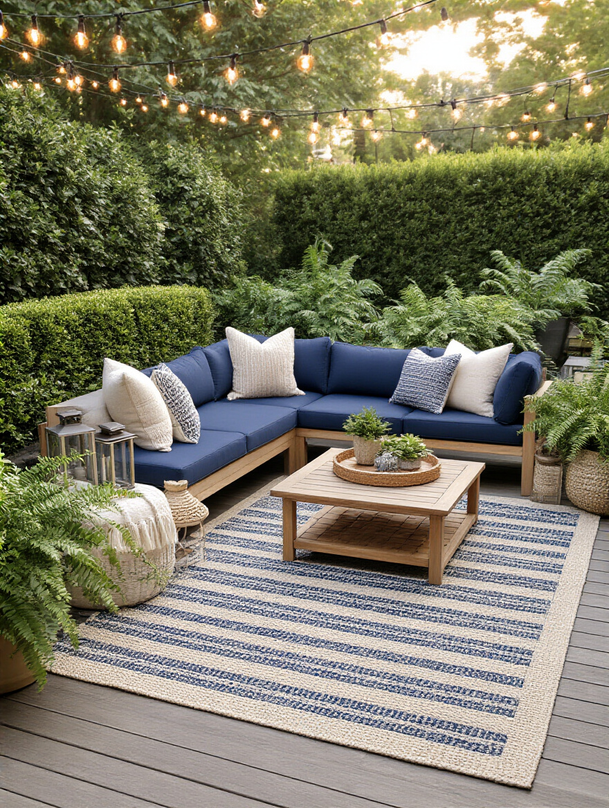 Vertical patio scene featuring a large outdoor rug, colorful pillows, and decorative accents on a wooden deck during golden hour.