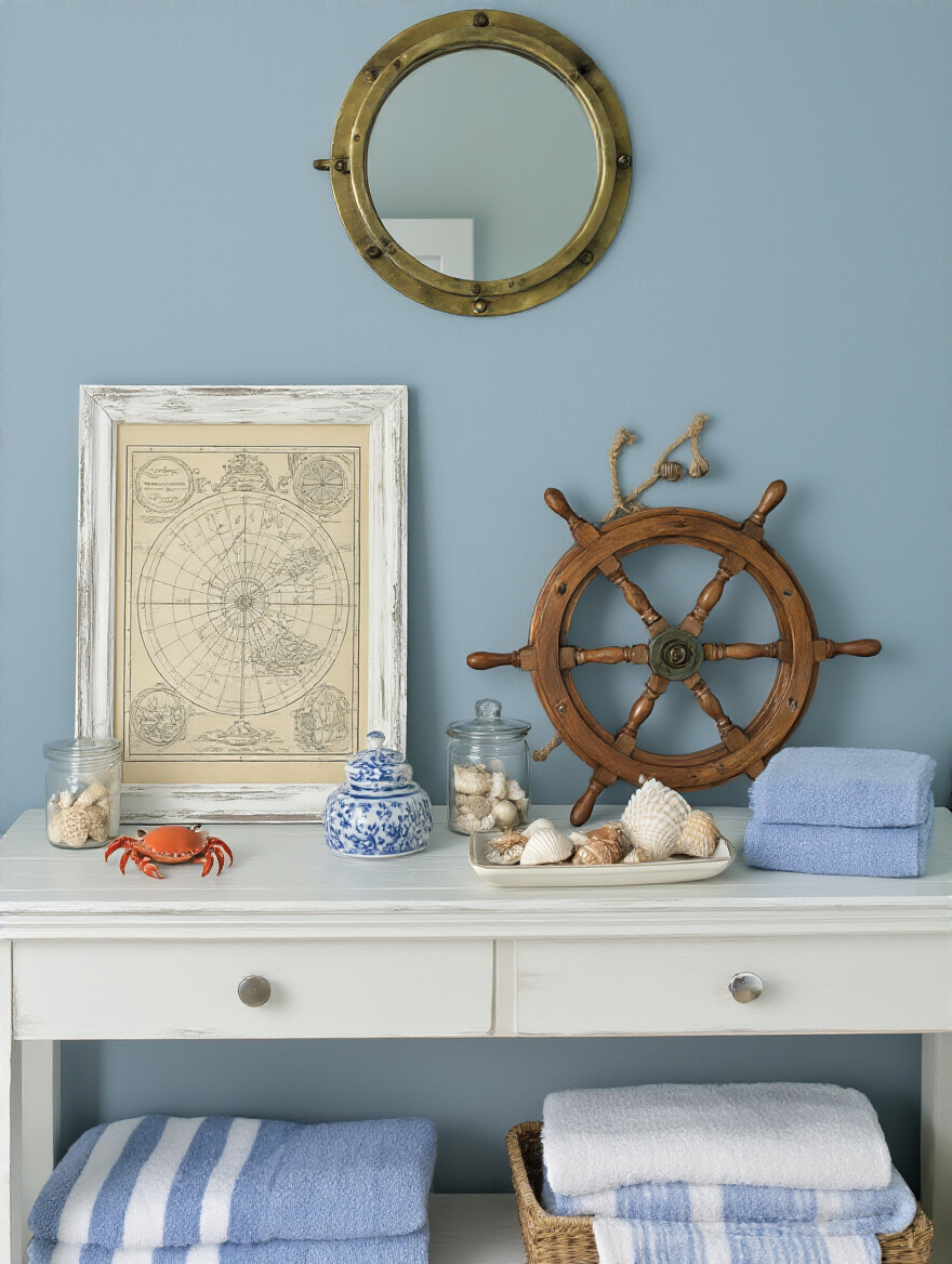 Vertical professional photo of a nautical blue and white bathroom vignette with porthole mirror, striped towels and seashell jars