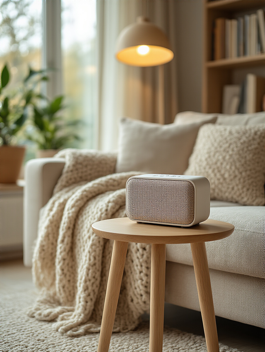 Cozy living room with a compact Bluetooth speaker on a wooden side table beside a beige sofa, warm lighting, and soft textiles.