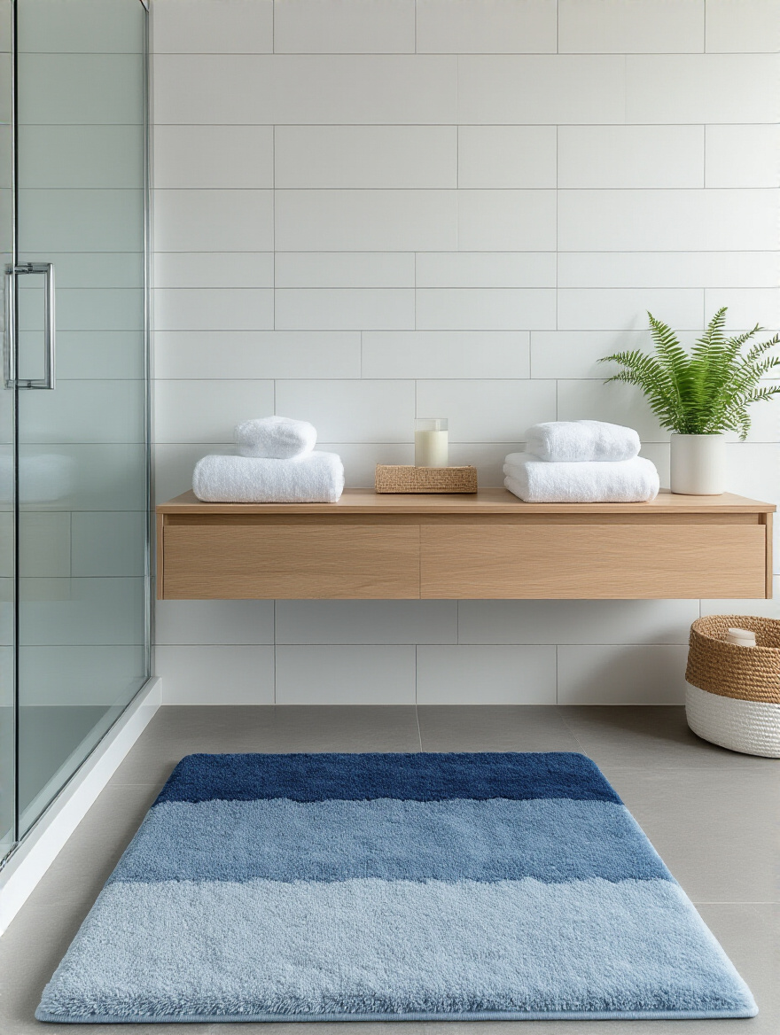 Portrait photo of a plush ombre blue bath rug with gradient from light to deep blue placed in front of a glass shower in a modern bathroom