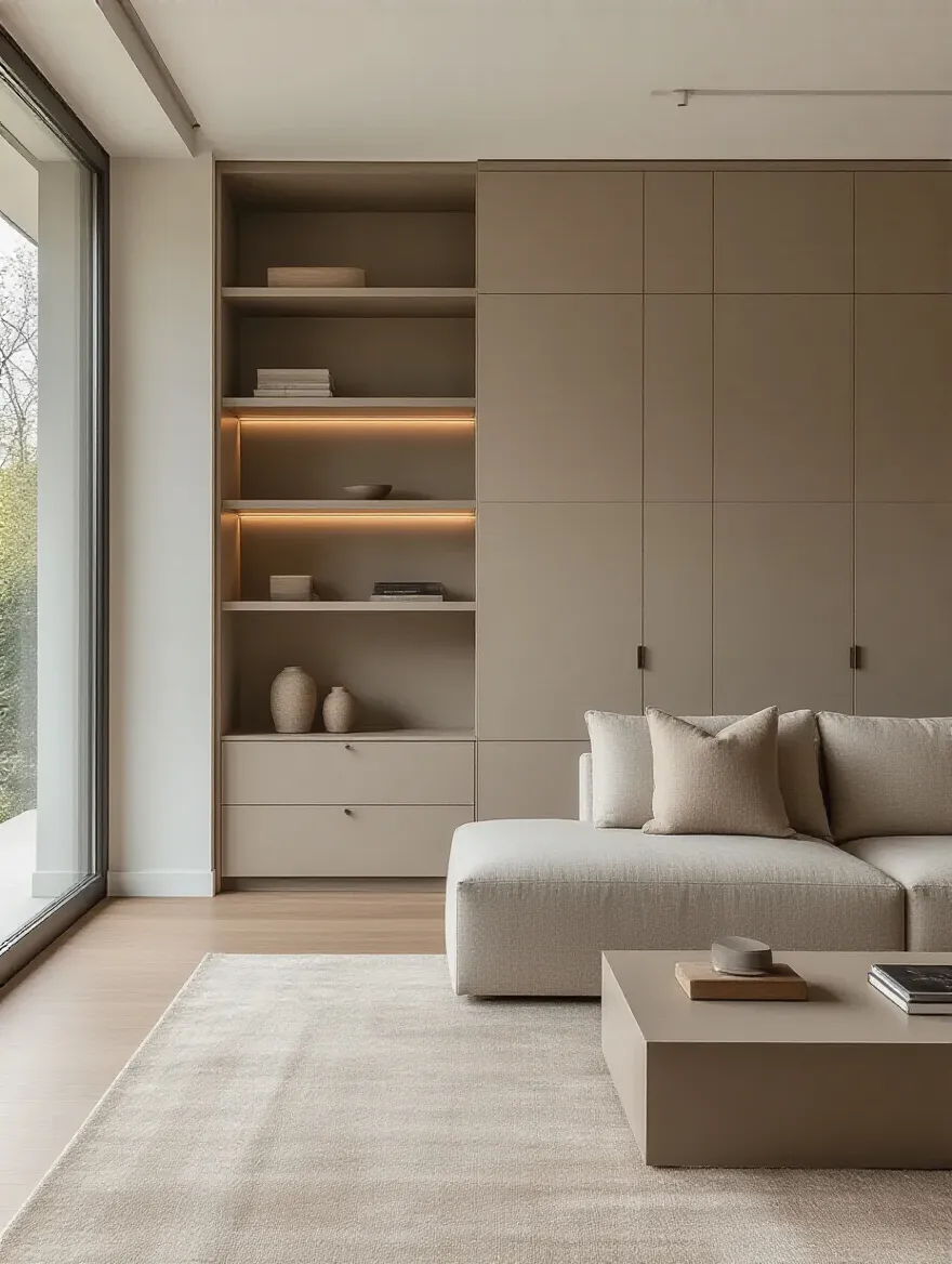 Vertical living room with floor-to-ceiling hidden storage wall and bench seating, minimal clutter