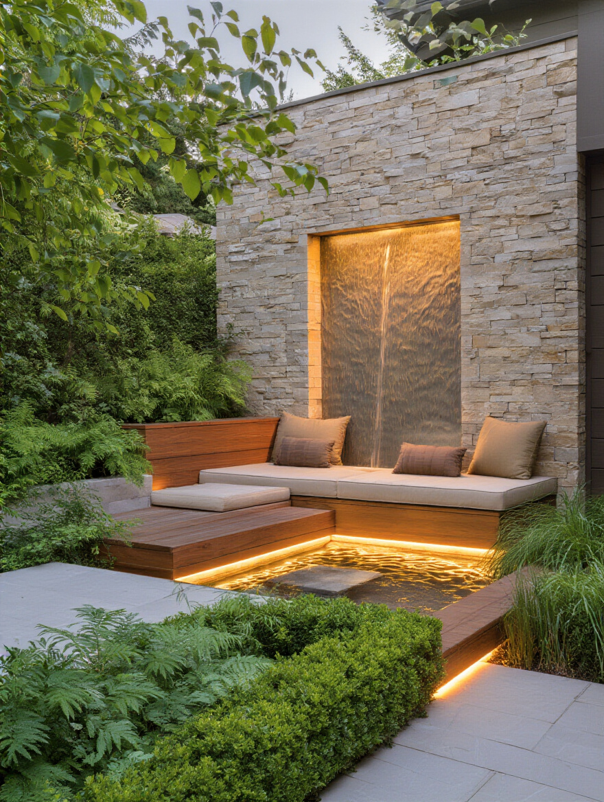 Portrait view of a tranquil patio with a cascading water feature, warm lighting, and lush plants.