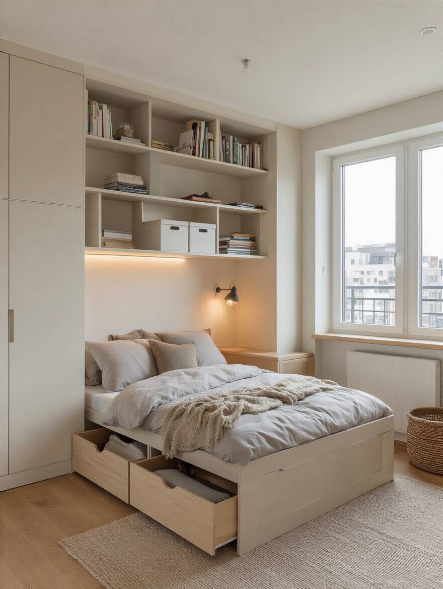 Apartment bedroom with built-in storage bed and fold-down wall desk showing prioritized core functions