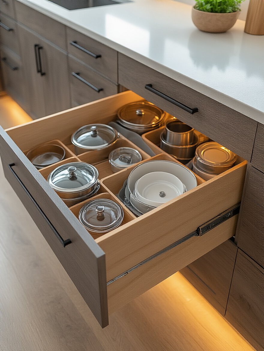 Deep kitchen drawer open showing organized storage with custom inserts and LED lighting