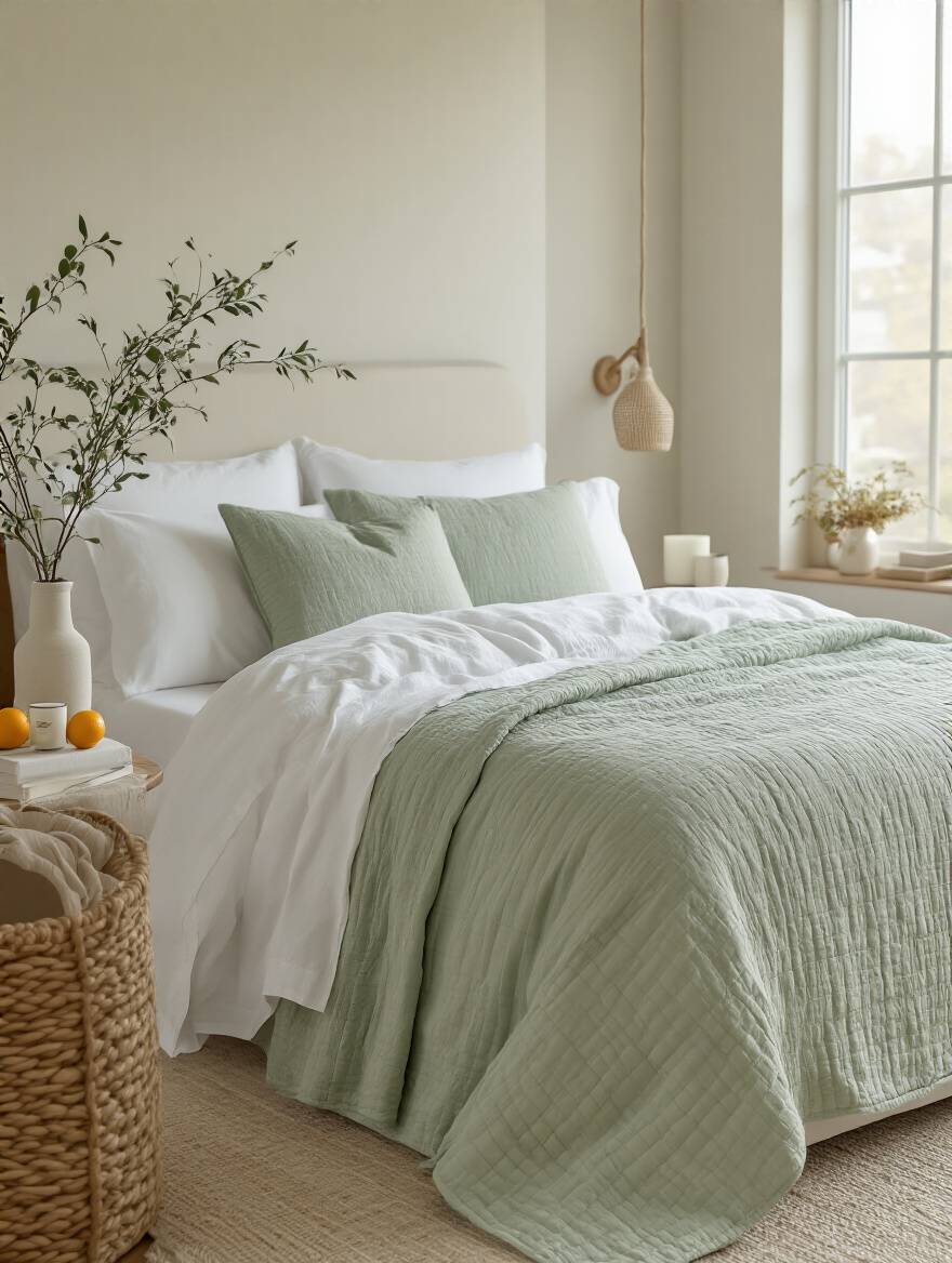 Freshly refreshed apartment bedroom with seasonal linens and accents showcasing white linen bedding and green quilt with decorative candle and vase on bedside table
