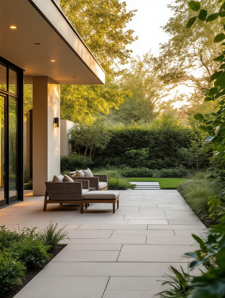 Pristine backyard patio with modern pavers and landscaping, no people, no text