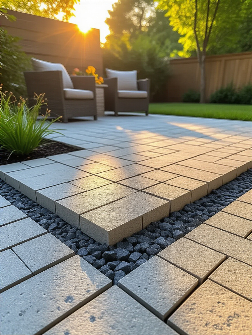 Vertical shot of a backyard patio showing pavers over a visible base layer stack with a cross-section reveal