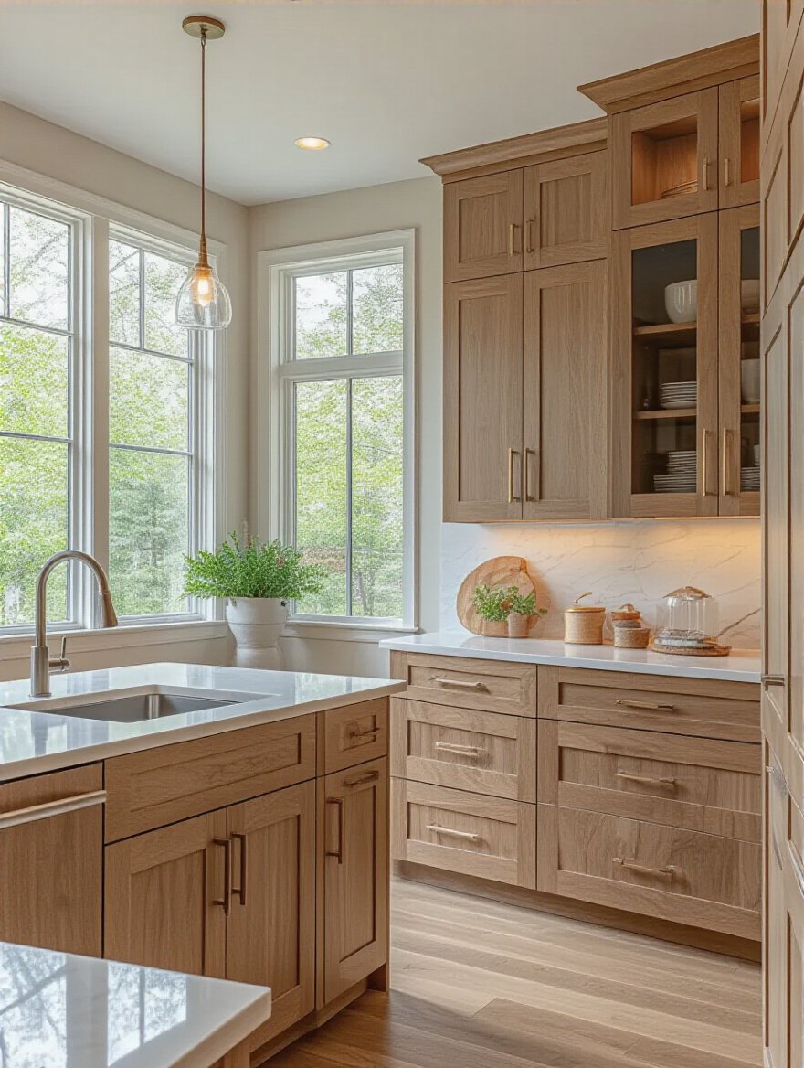 Modern kitchen portrait showcasing various durable cabinet styles and materials with natural and ambient lighting, no people
