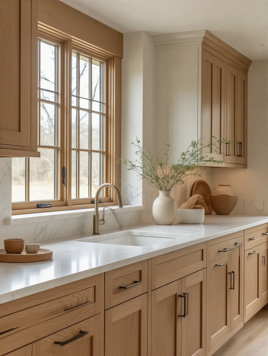 Modern kitchen with honey-toned oak cabinets and light quartz countertop with grey and brown veining creating a harmonious and elegant finish