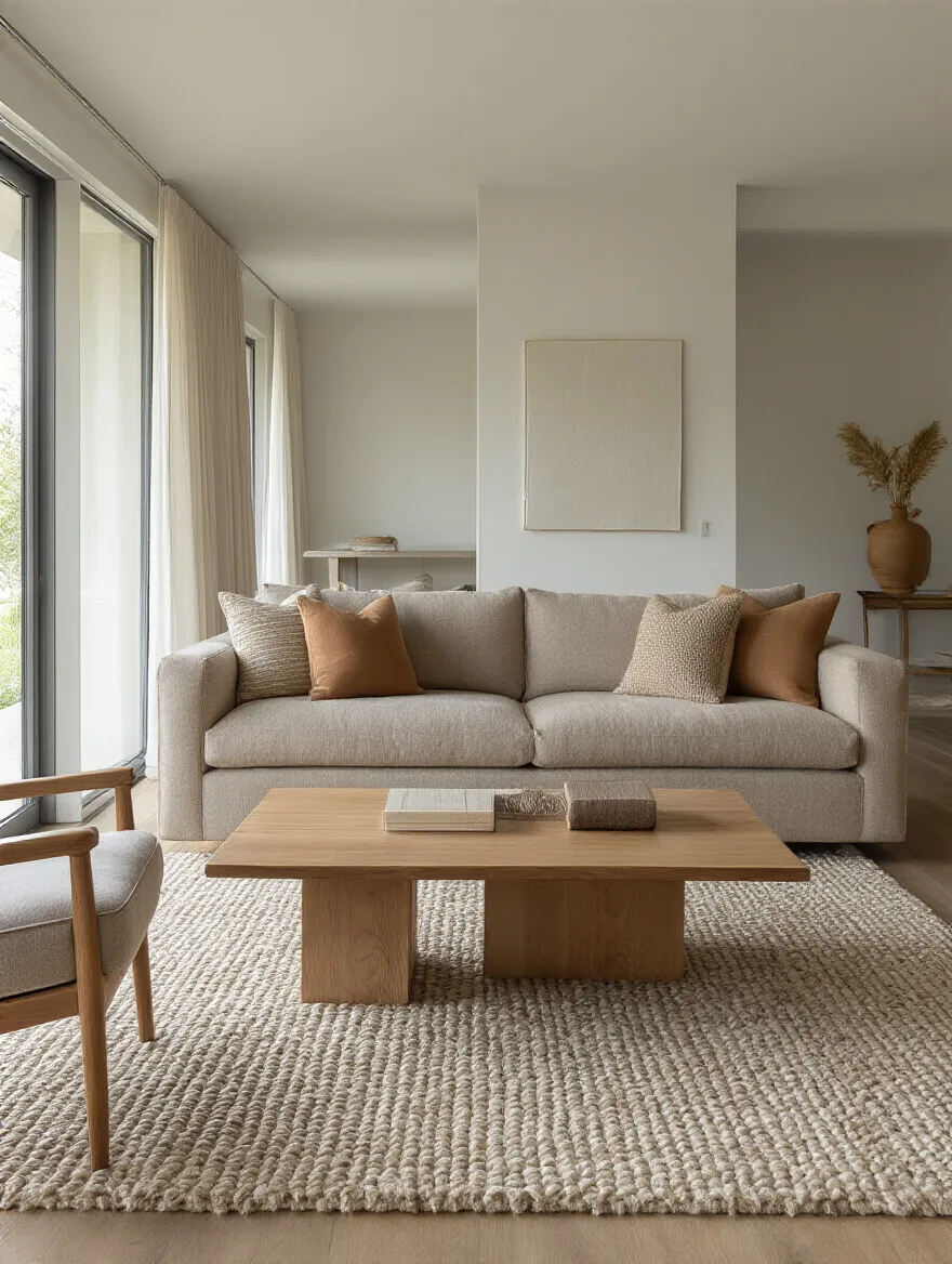 Vertical living room portrait featuring a sofa in durable, easy-to-clean fabric with warm neutrals and natural light.