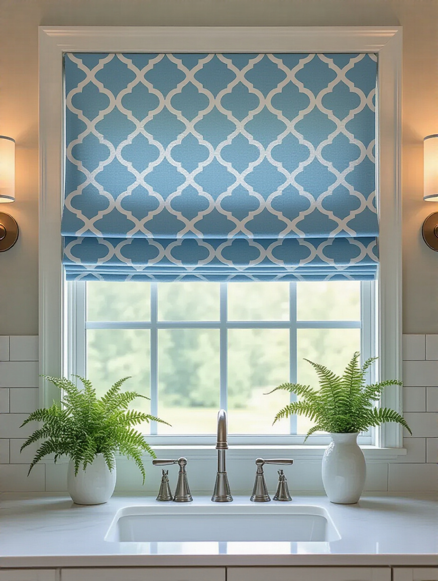 Bathroom window with elegant powder-blue geometric Roman shade, white quartz vanity, gray subway tile, and soft natural light