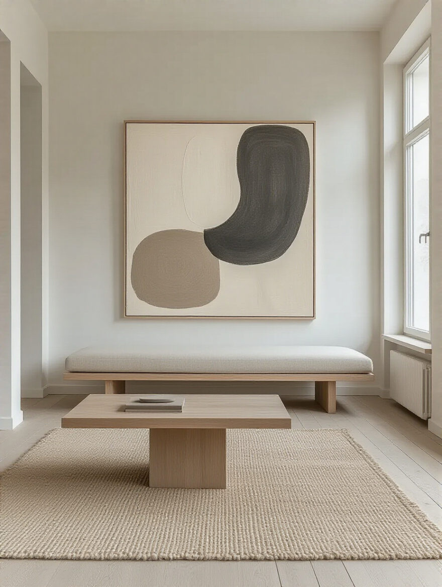 Portrait view of a serene minimalist living room with a single bold focal piece on a plain wall.