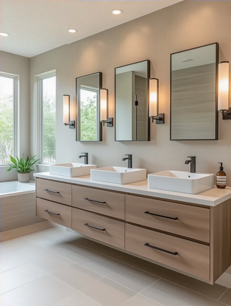 Modern bathroom vanity displaying single, double, and integrated basin sink configurations in a clean, well-lit space