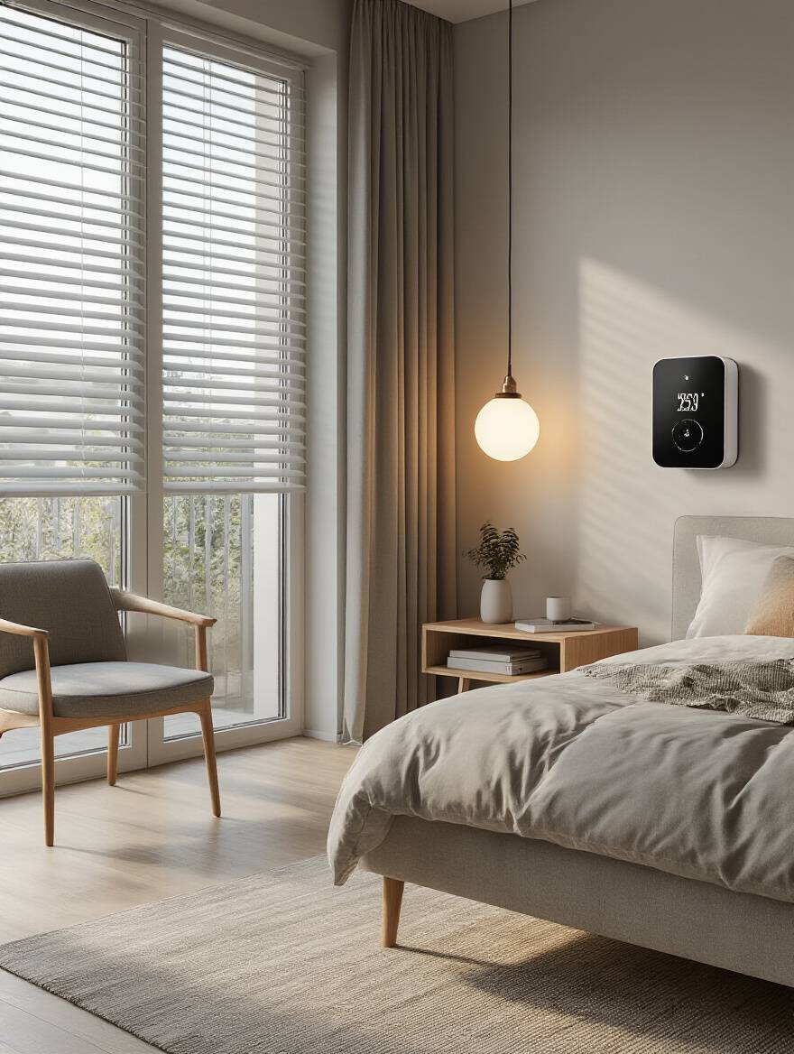Modern apartment bedroom with smart lighting, smart thermostat, and automated blinds showcasing smart tech integration for convenience and efficiency