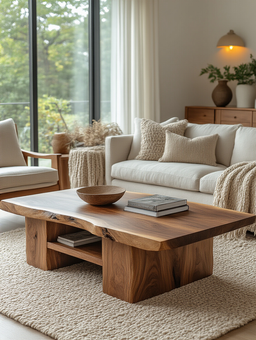 Vertical living room with live-edge walnut coffee table and oak media console in warm, natural light