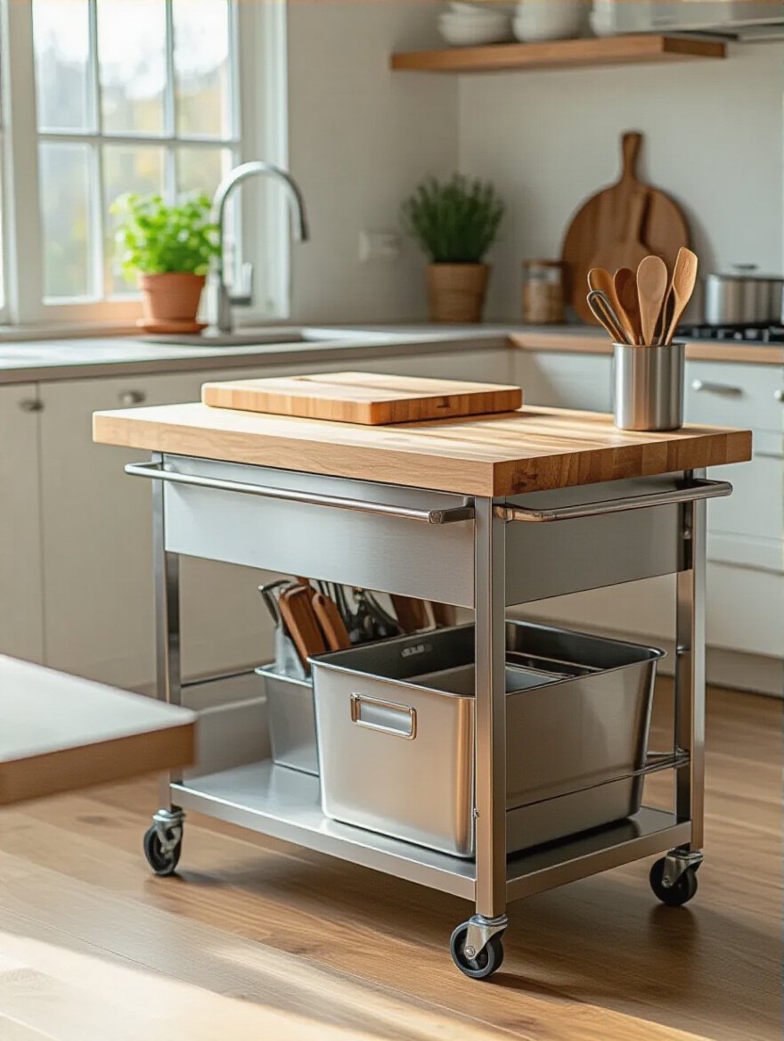 Modern kitchen corner with stainless steel rolling cart and cutting board station showcasing task-specific kitchen furniture