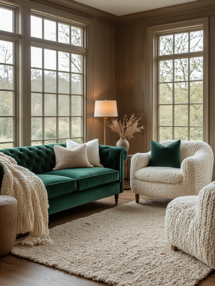 Luxurious living room with emerald velvet sofa and ivory bouclé chairs, warm lighting and tactile textures