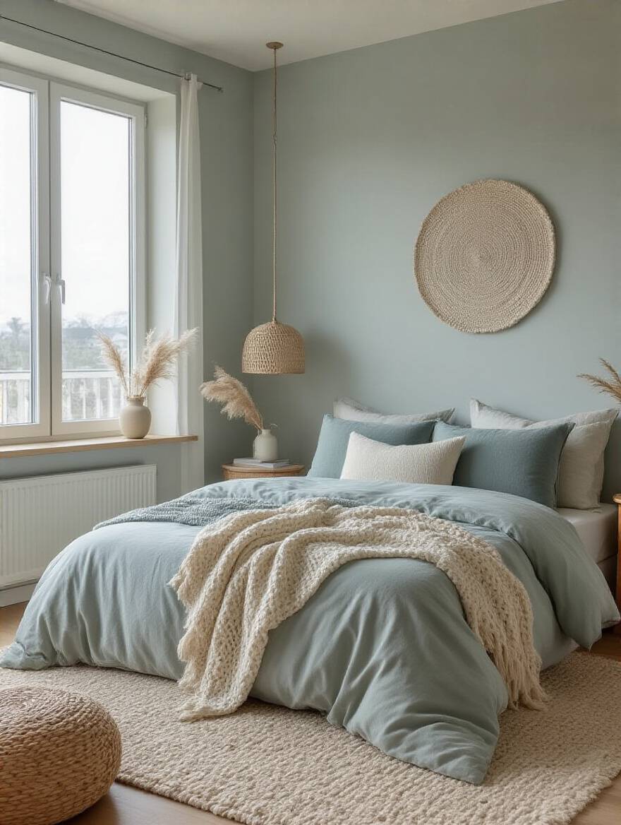 Apartment bedroom with a cohesive color palette of soft blues, muted greens, and warm neutrals creating a serene and calming ambiance