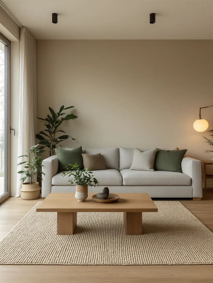 Vertical living room with cohesive core color palette including neutral walls, gray sofa, wood floor, and forest green accents.
