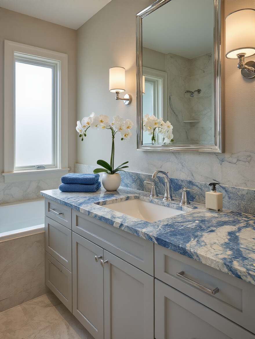 Vertical photo of a luxurious bathroom vanity with a blue-veined quartz countertop, integrated sink, light-gray cabinets and chrome fixtures