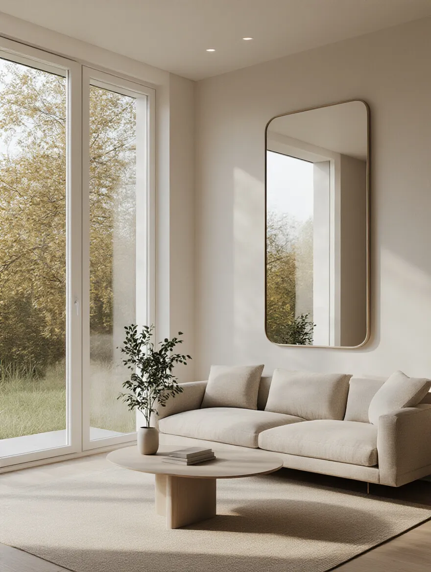 Minimalist living room with a large frameless mirror reflecting natural light