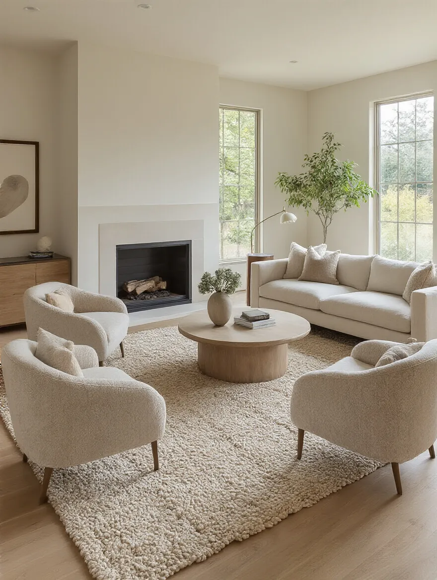 Portrait of a modern living room with a sofa and chairs arranged for conversation, warm lighting, and no people.