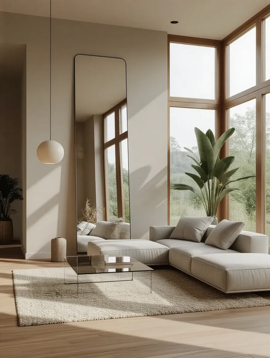 Vertical living room with a large wall mirror reflecting daylight, creating a spacious feel.