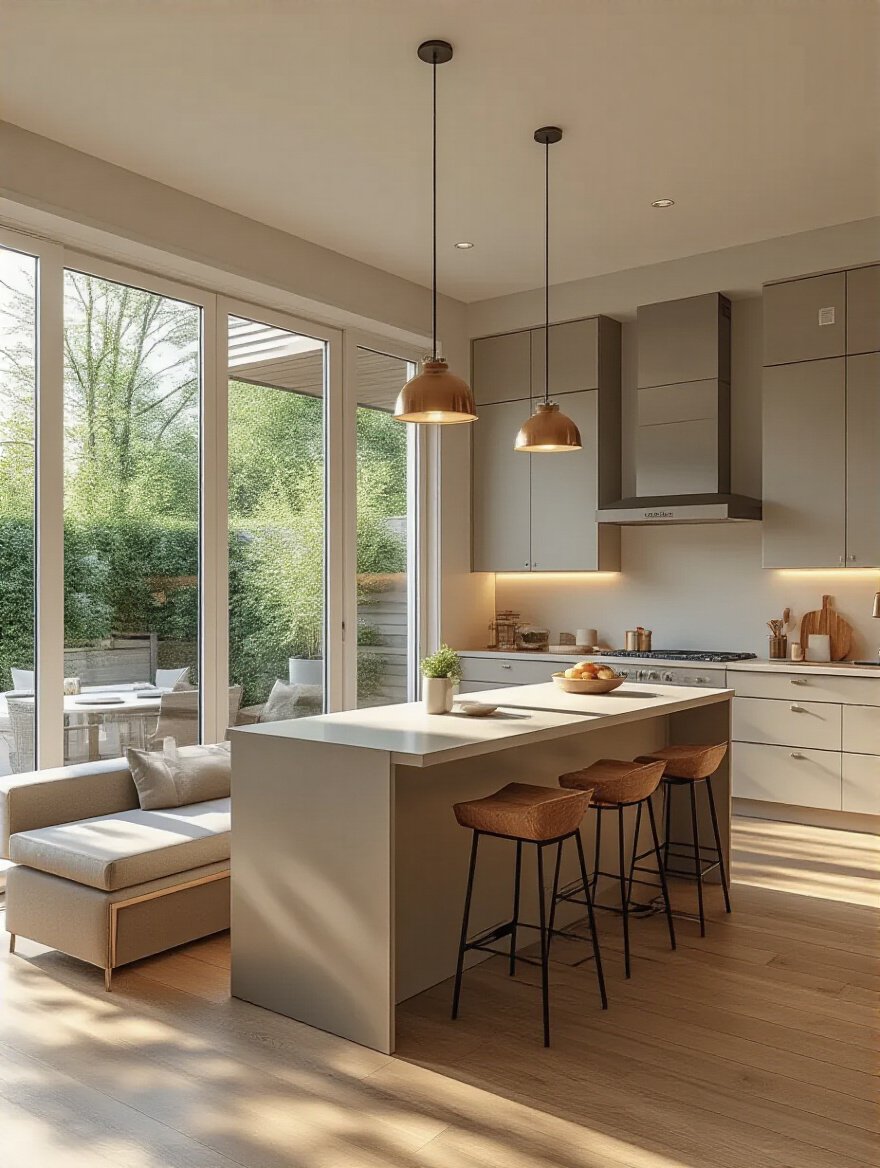 Modern kitchen with strategically arranged seating layout maximizing space and flow, no people