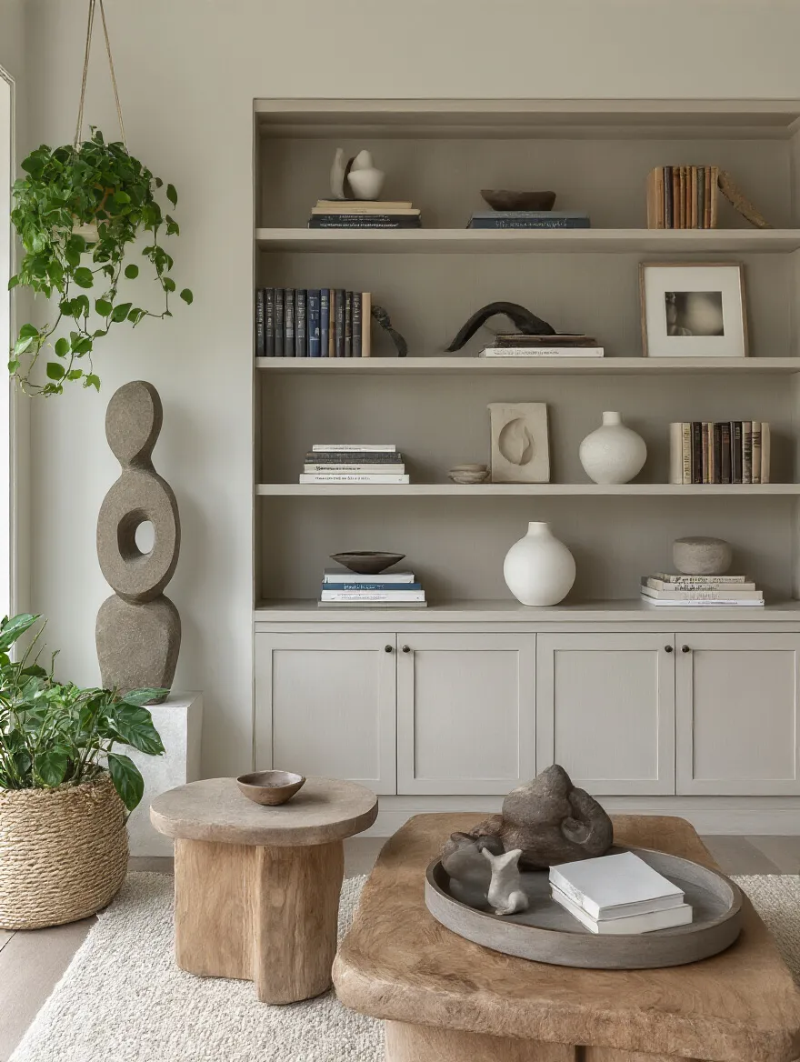 Vertical living room bookshelf with layered vignettes featuring books, plants, and ceramics