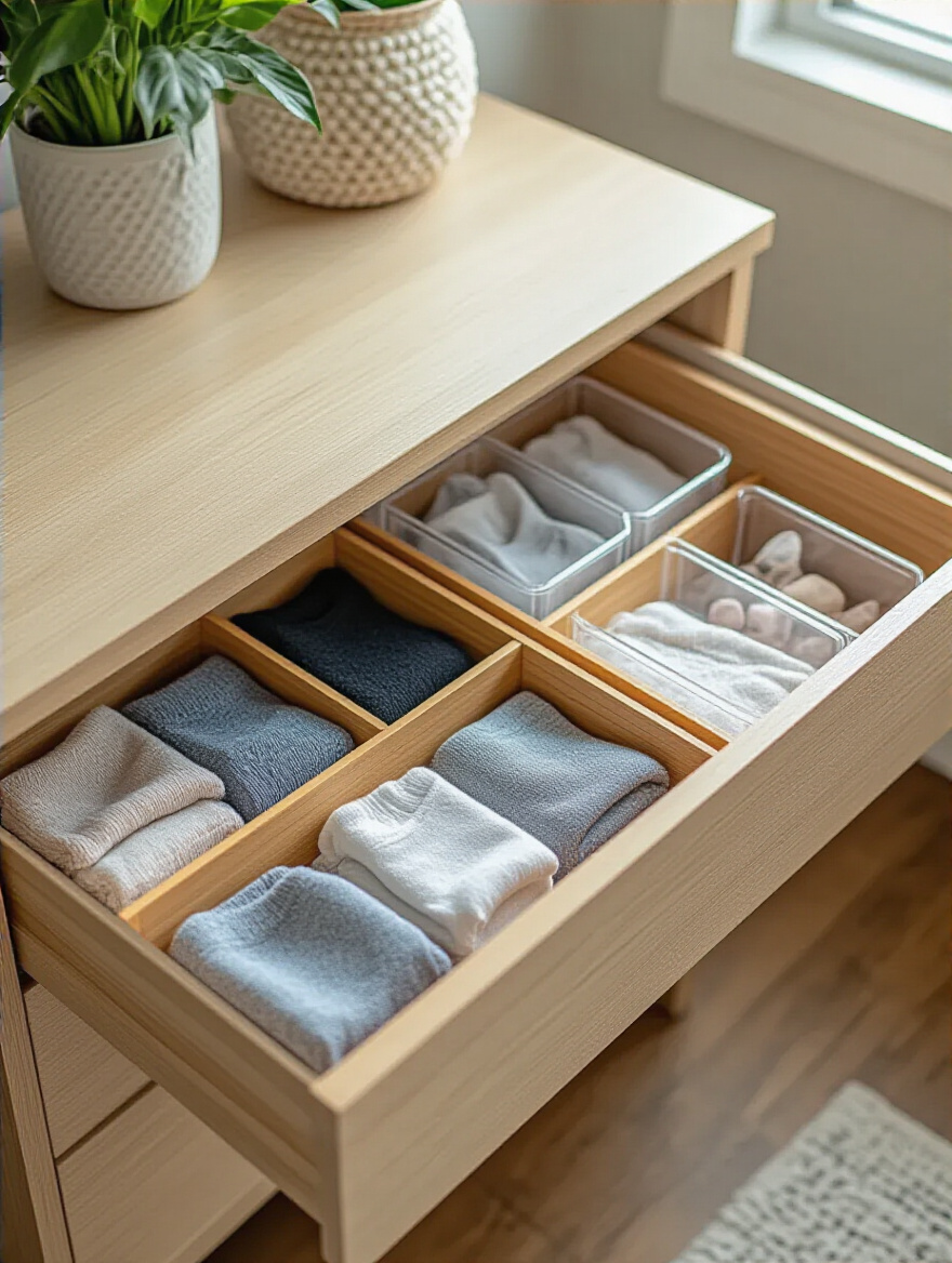 Organized small bedroom drawer with bamboo dividers and clear bins neatly separating socks and accessories