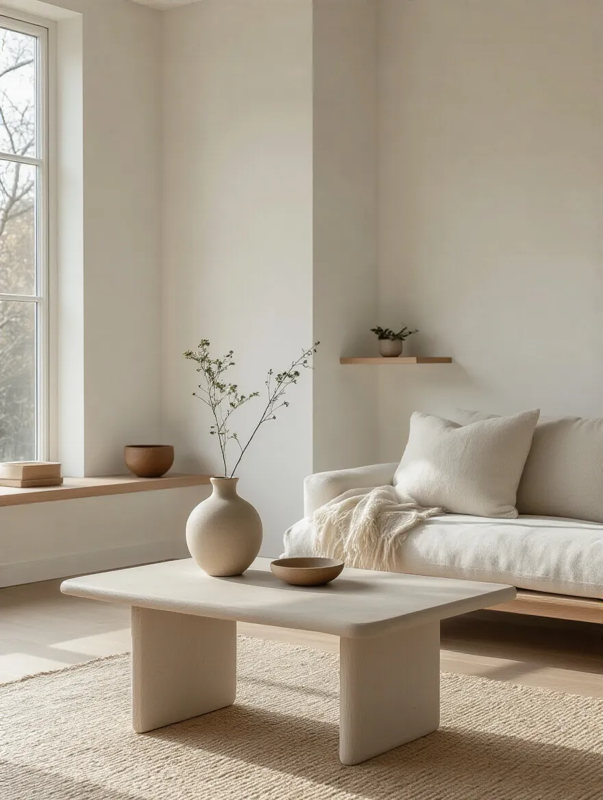 Minimalist living room corner with a small plant, a newly added ceramic vase on a coffee table, and a discreet donation box in the background, depicting the One In, One Out concept without text.