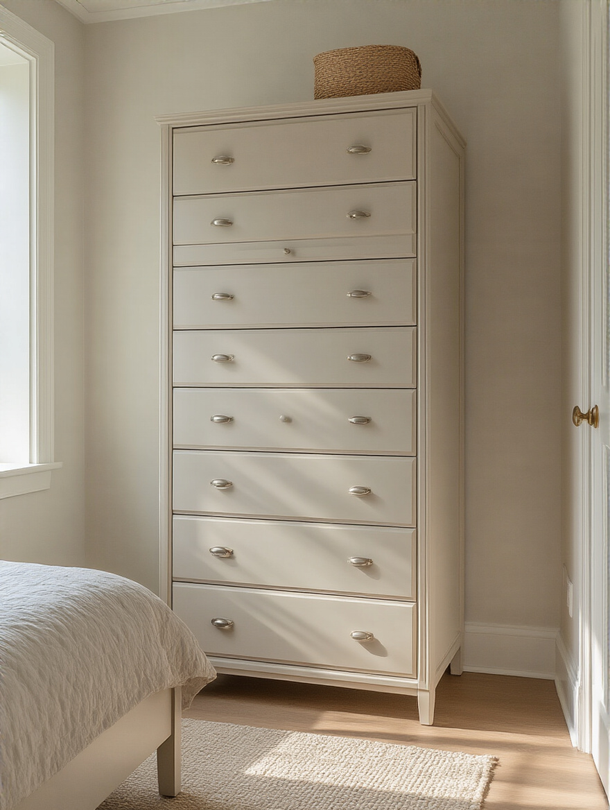 Small bedroom featuring a tall vertical dresser extending close to the ceiling for optimized storage and space-saving design