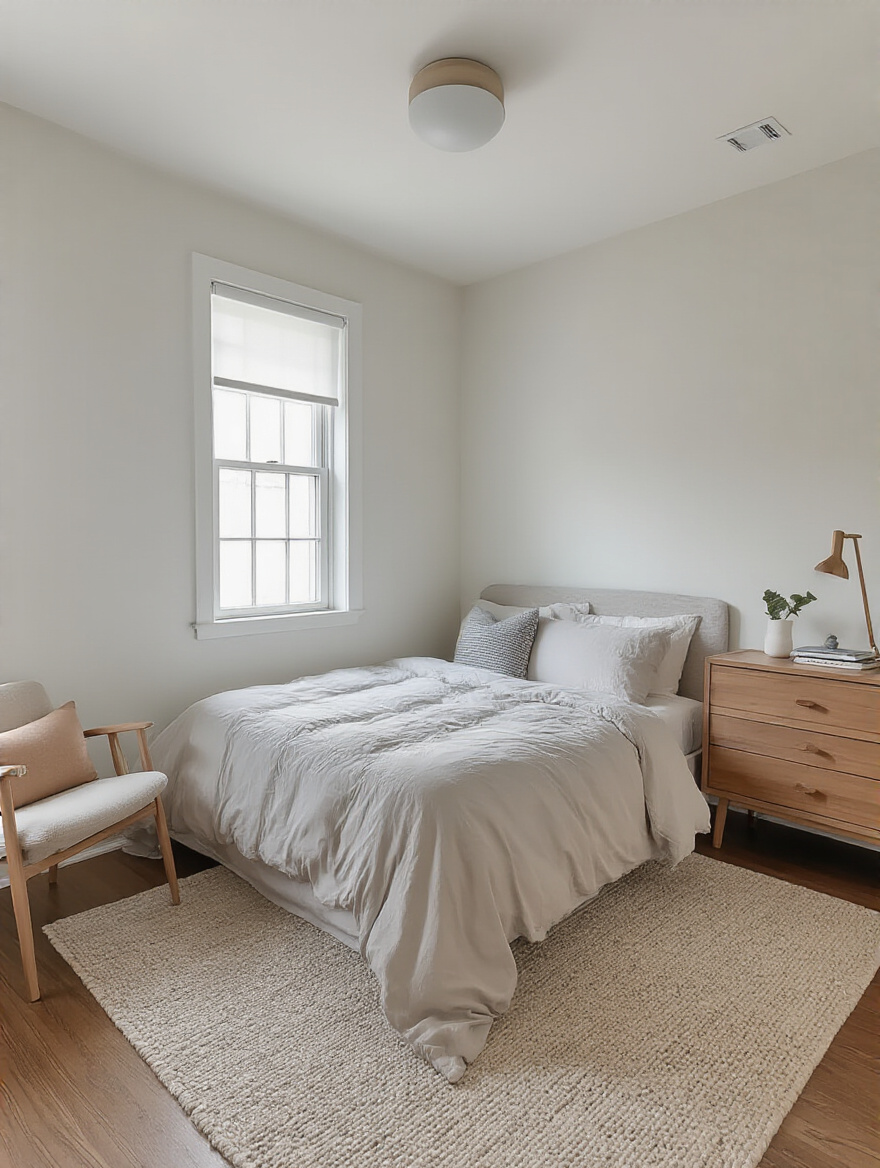 Small bedroom with bed positioned against the longest wall maximizing open floor space and clear pathways
