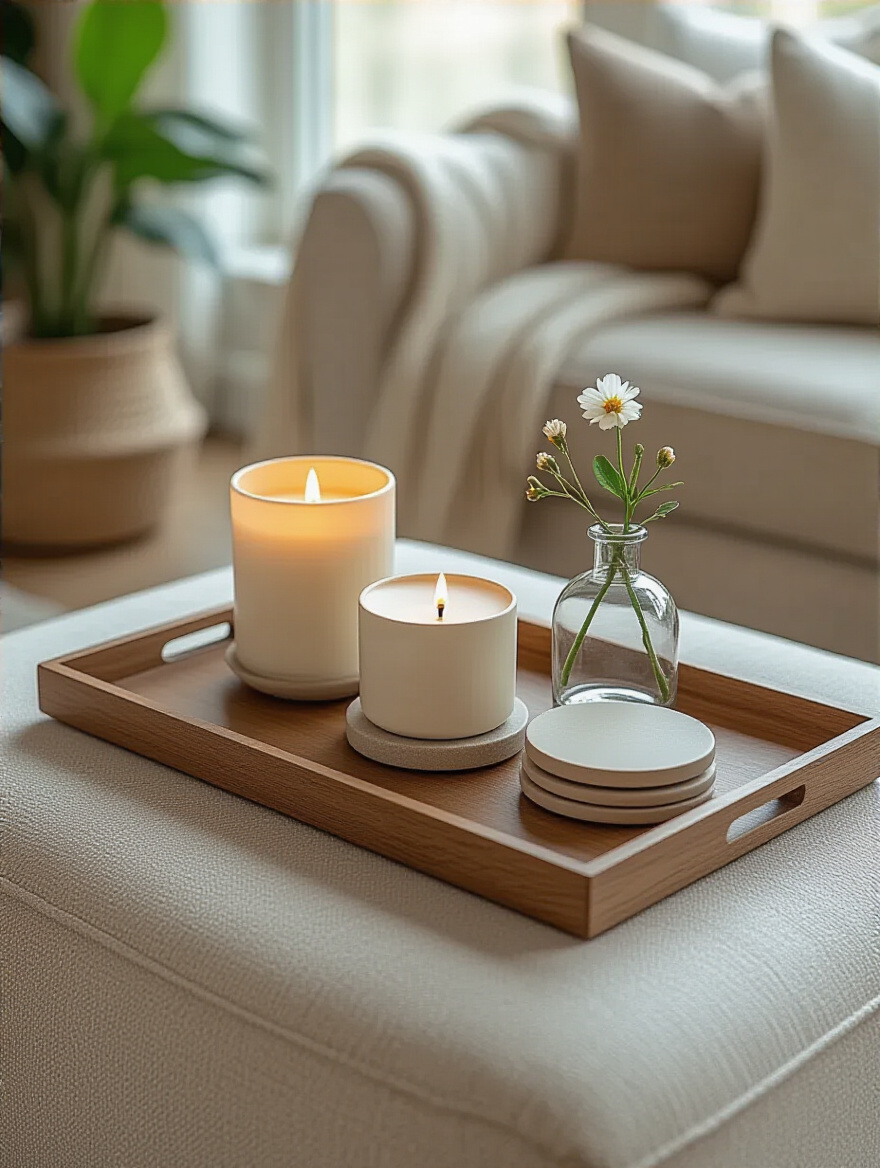 A stylish tray on a soft ottoman with remote, candles, coasters, and a small vase in a warm living room setting.