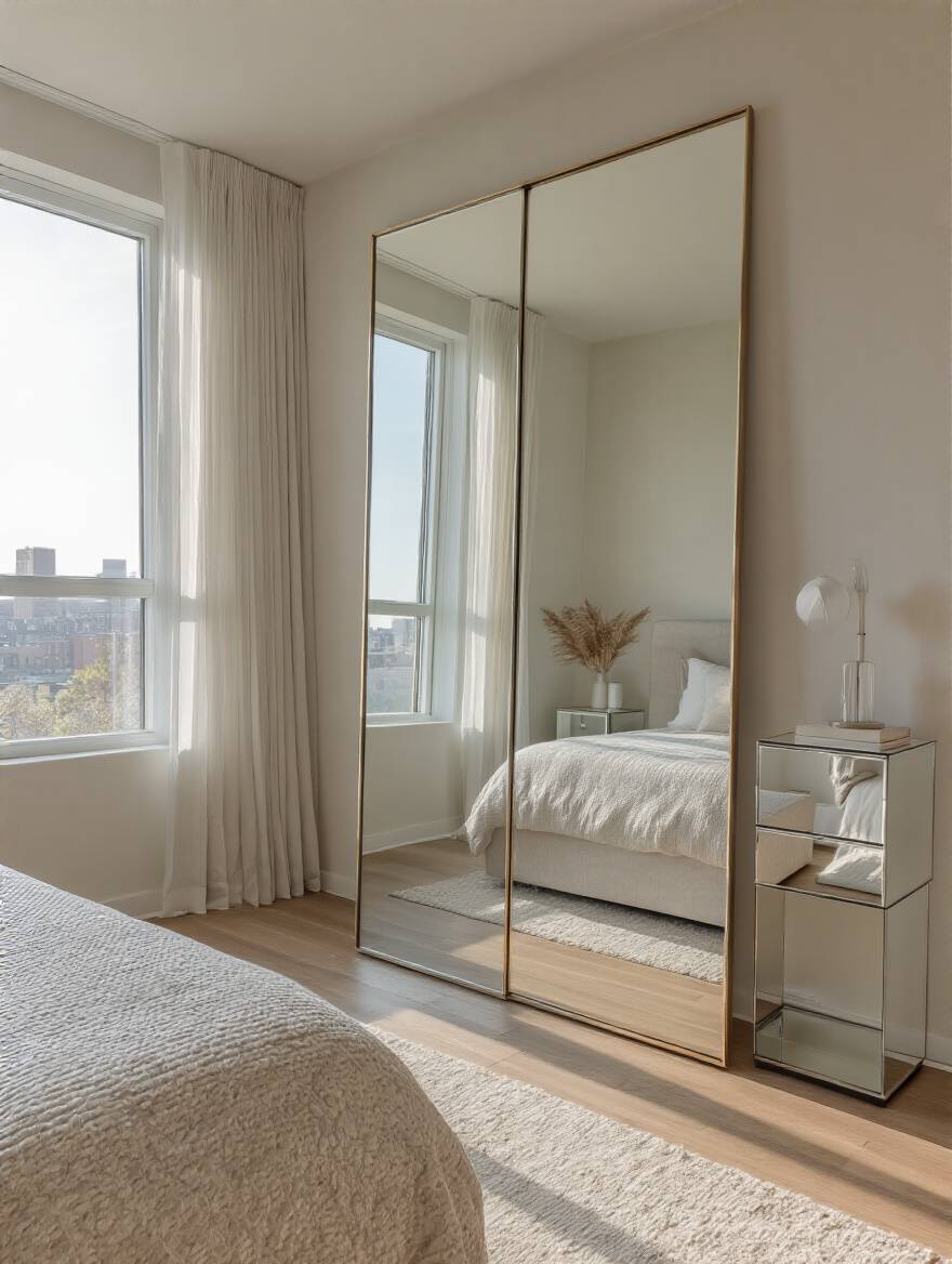 Modern apartment bedroom with large floor-to-ceiling mirror reflecting natural light and outdoor view to visually expand room size
